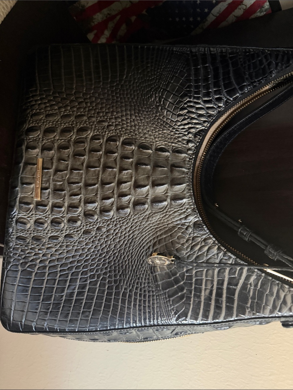 Brahmin Black Croc-Embossed Messenger Bag